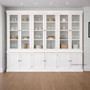 Front elevation of the custom made Grange 6 Glass Door Display Wall Unit in white with glass display cabinets and lower cupboards.