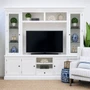 Front angle of the Casement TV Media Wall Unit with Glass Door Display in white featuring glazed display doors and six lower storage cupboards, perfect for any hamptons or classic style interior