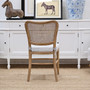 Back view of the Noda Rattan Chair with optional Blue Stripe Cushion, showcasing the classic ticking stripe, perfect for Hamptons style interiors.