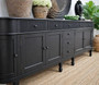 Angled front view of the 300cm Louis Sideboard, highlighting the striking black paint-stroke finish and elegant proportions.