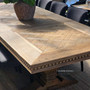 Top down Close-up of the oak parquetry tabletop with hand-laid pattern and border inlays.