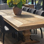 Renaissance Oak Parquetry Extendable Dining Table in Natural finish with elegant pedestal base and carved apron.