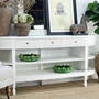 White French Provincial Console Table with graceful rounded ends and practical open display shelving.