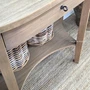 Natural Timber Demilune Console Table close-up highlighting the curved lower shelf, smooth timber finish and classic design.