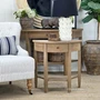 Luna Demilune Side Table with Drawer featuring a natural timber finish, curved tabletop and lower storage shelf.