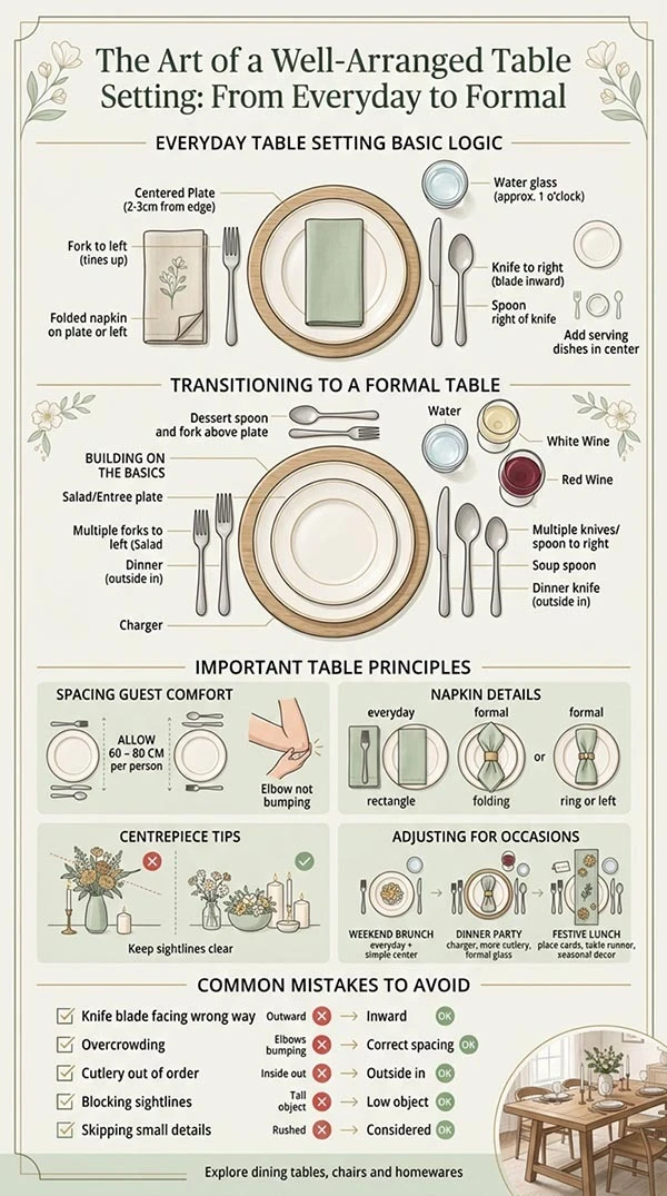 How to set a table setting: infographic comparing everyday and formal table settings, with guest spacing, napkin folding, centrepiece tips and common table setting mistakes to avoid.