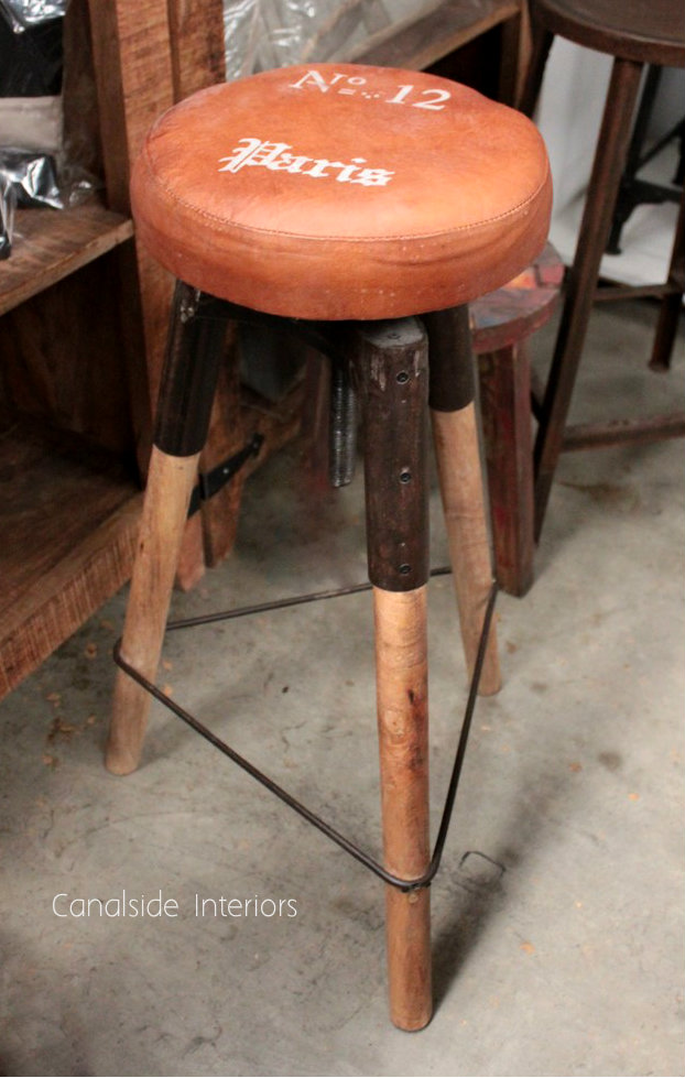 Tripod Industrial Bar Stool with Leather Top