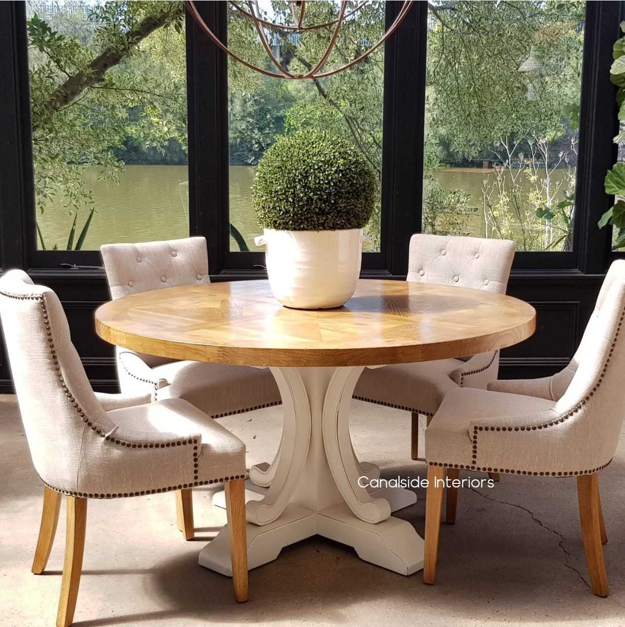 Artisan Parquetry Top Round Dining Table Natural with Distressed