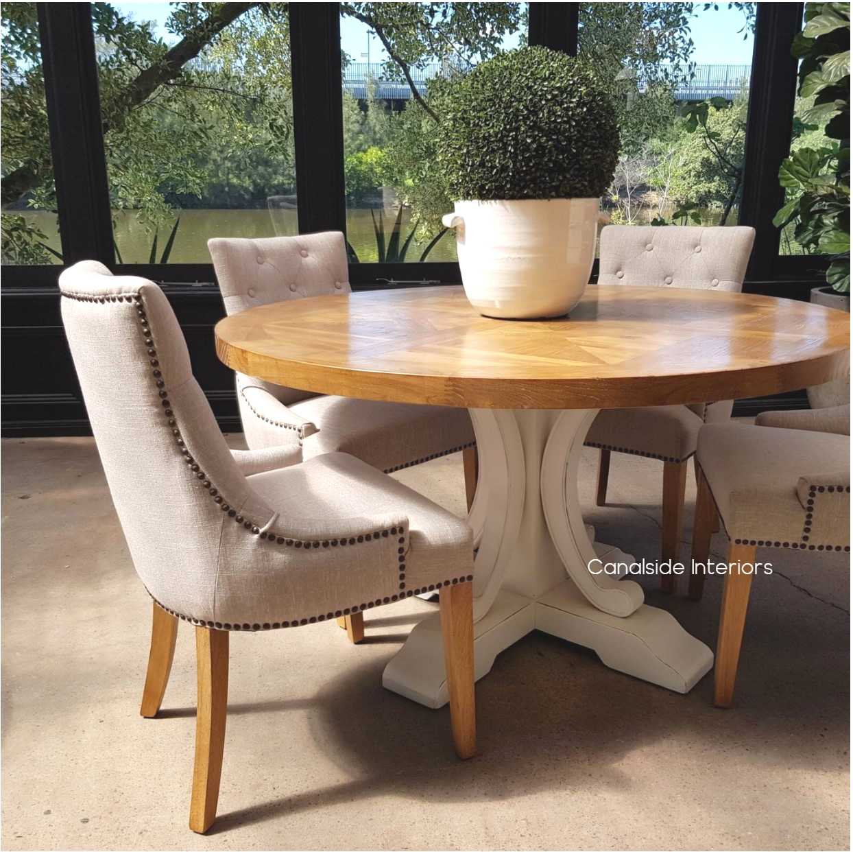 Artisan Parquetry Top Round Dining Table Natural with Distressed