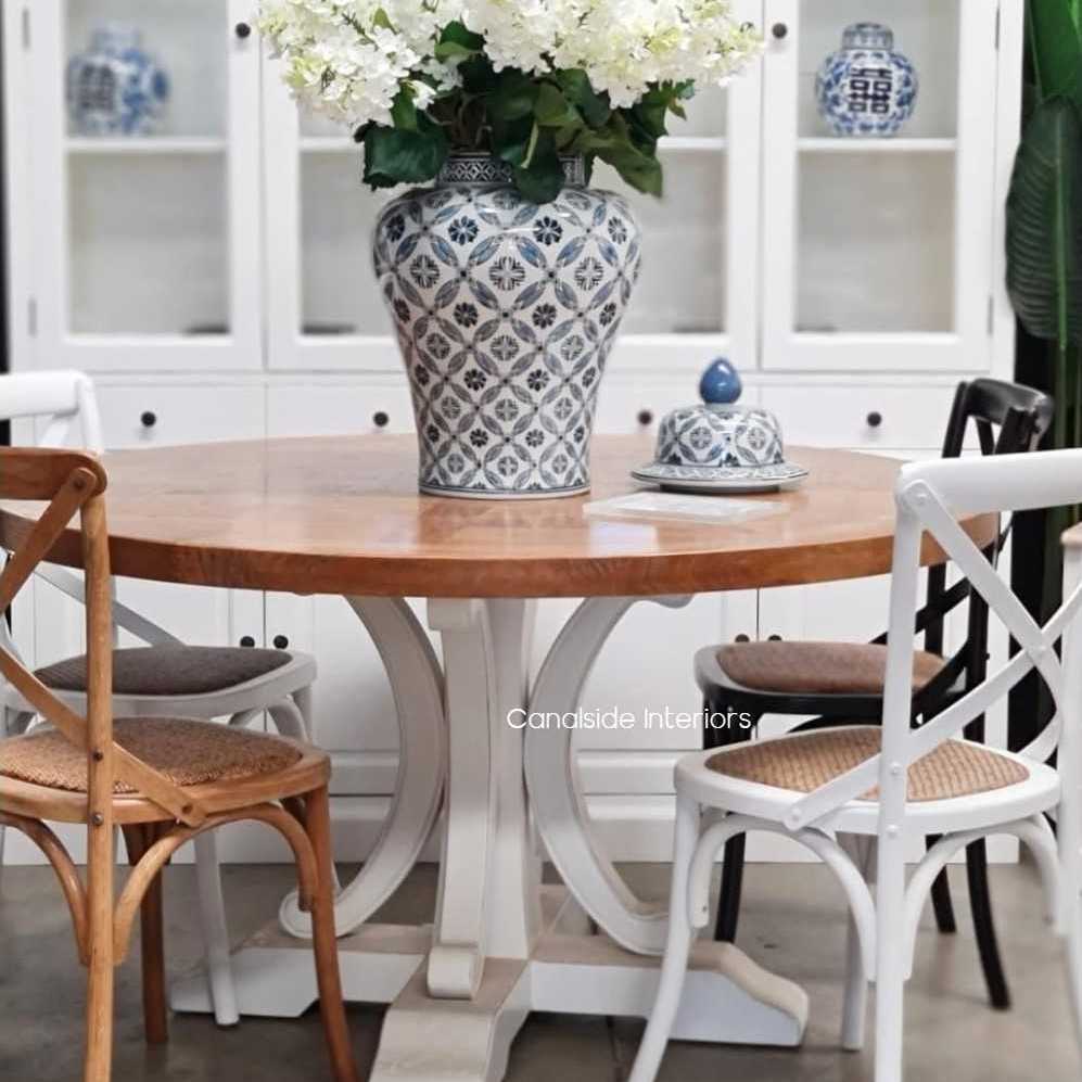 Artisan Parquetry Top Round Dining Table - Natural With Distressed White  Base - 3 Sizes - Canalside Interiors