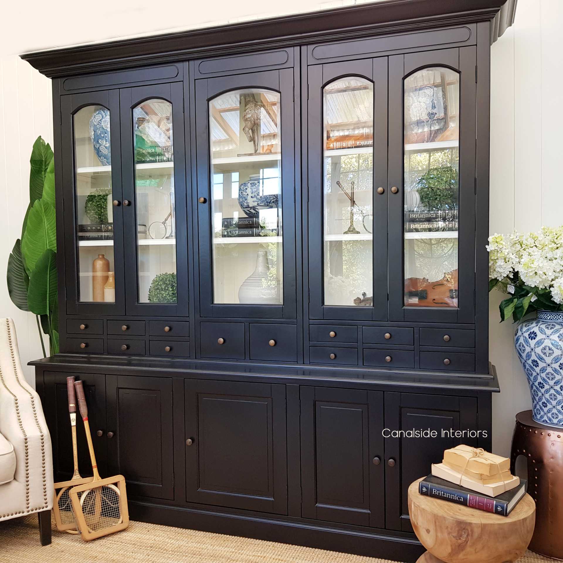 Key Largo 5 Door Display Unit Distressed Black with off white interior  HAMPTONS Style, PLANTATION Style, LIVING Cupboards & Bookcases, STORAGE, STORAGE Bookshelves & Cupboards