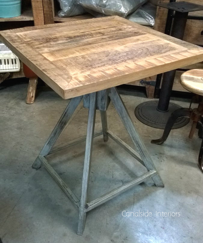 Cafe Trig Industrial Cafe Style Table with Wood Top and Distressed Aqua Green Base  CAFE FURNITURE, TABLES, CAFE FURNITURE Table Tops & Tables