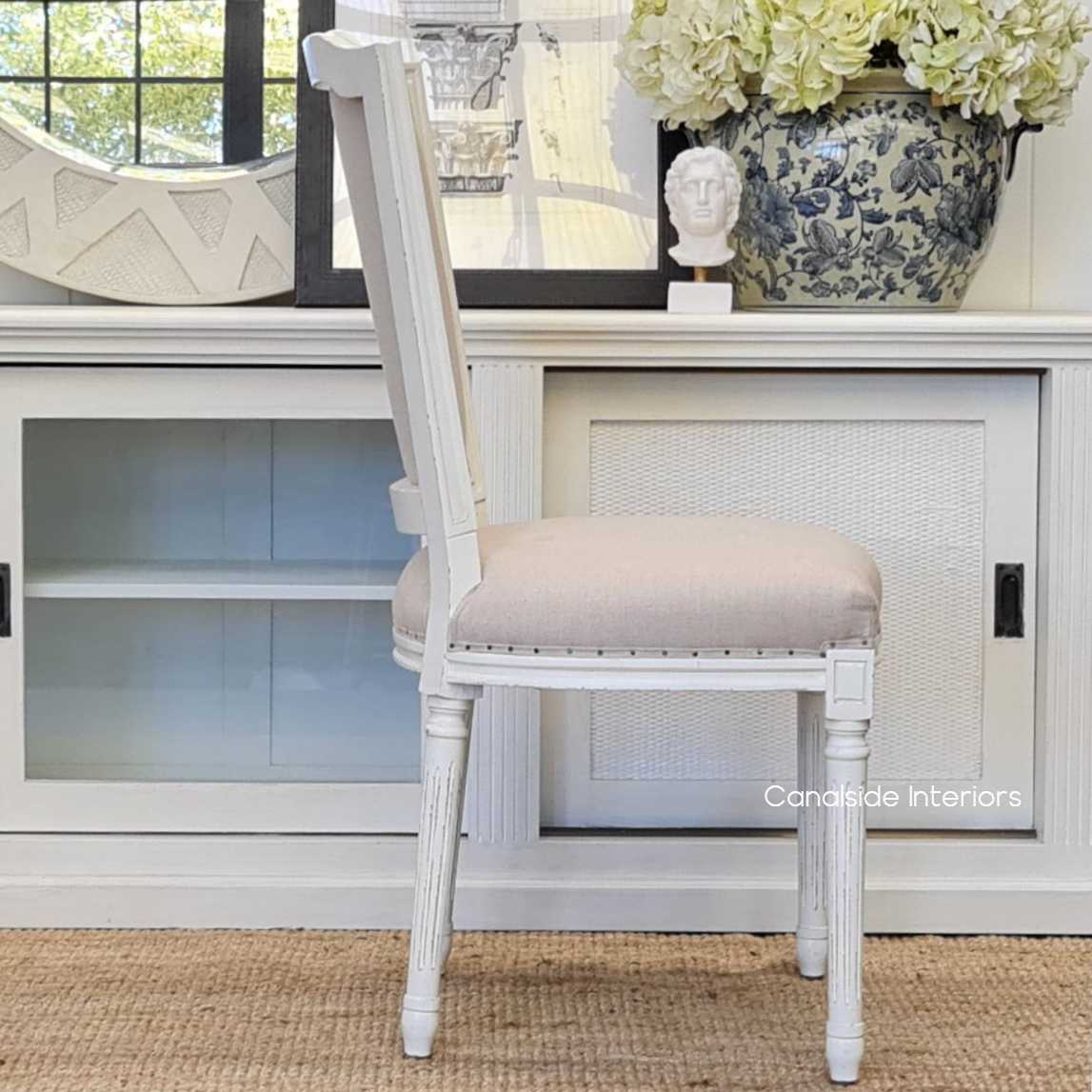 Stark Dining Chair Distressed White with cream upholstery  FRENCH  FURNITURE, CHAIRS, HAMPTONS Style, PLANTATION Style, CHAIRS Dining