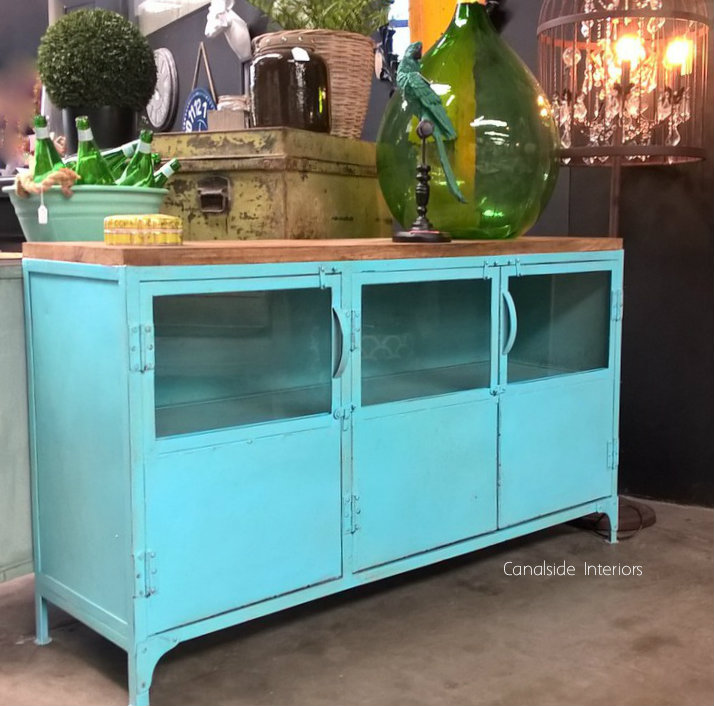 Foundry 3 Door Industrial TV Sideboard with Glass Doors and Wooden Top Distressed Aqua Blue