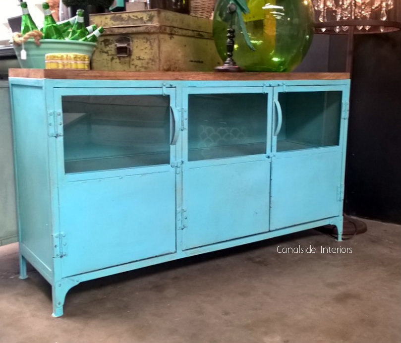 Foundry 3 Door Industrial TV Sideboard with Glass Doors and Wooden Top Distressed Aqua Blue