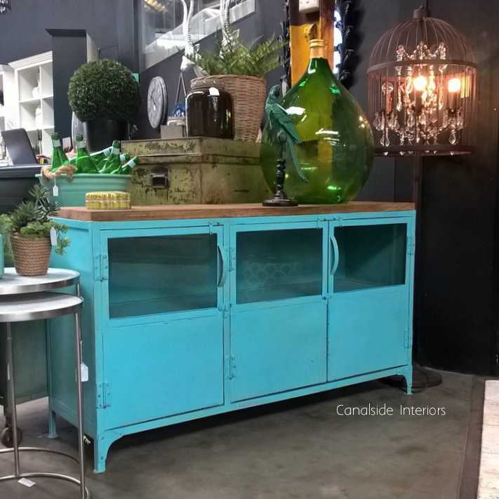 Foundry 3 Door Industrial TV Sideboard with Glass Doors and Wooden Top Distressed Aqua Blue