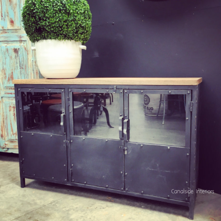 Foundry 3 Door TV Sideboard with Wooden Top  INDUSTRIAL RUSTIC Style, CAFE FURNITURE, LIVING Room, LIVING TV Media & Storage, CAFE FURNITURE Storage, TABLES Sideboards & Buffets, STORAGE, STORAGE Sideboards & Buffets