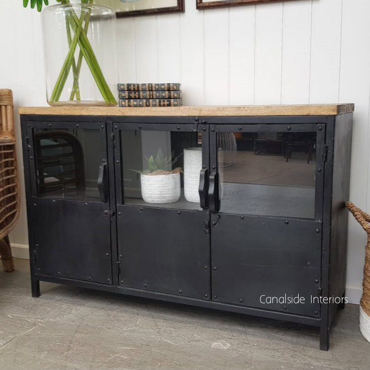 Foundry 3 Door TV Sideboard with Wooden Top  INDUSTRIAL RUSTIC Style, CAFE FURNITURE, LIVING Room, LIVING TV Media & Storage, CAFE FURNITURE Storage, TABLES Sideboards & Buffets, STORAGE, STORAGE Sideboards & Buffets