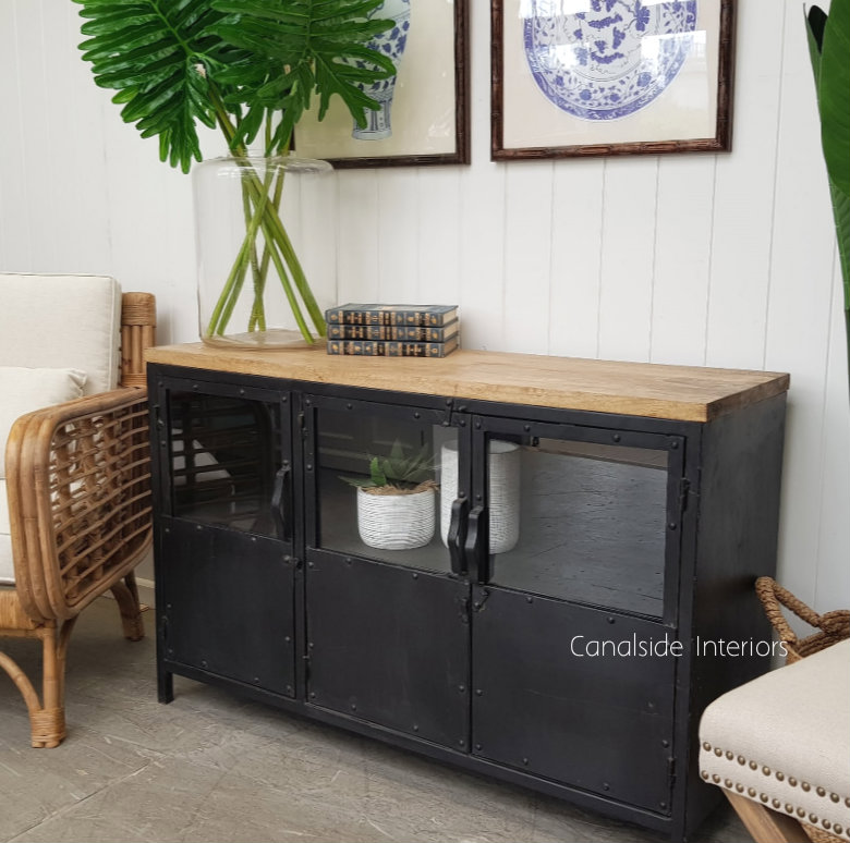 Foundry 3 Door TV Sideboard with Wooden Top  INDUSTRIAL RUSTIC Style, CAFE FURNITURE, LIVING Room, LIVING TV Media & Storage, CAFE FURNITURE Storage, TABLES Sideboards & Buffets, STORAGE, STORAGE Sideboards & Buffets