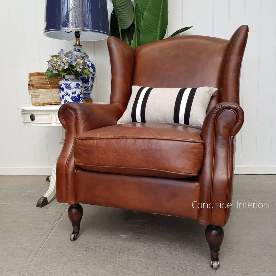 Cambridge Aged Leather Wingback Armchair Canalside Interiors