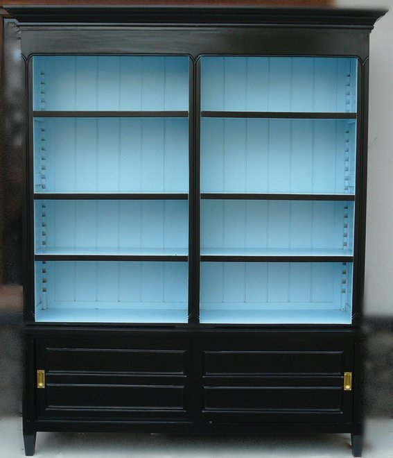 Boston Bookcase with Sliding Doors Black with Blue Interior