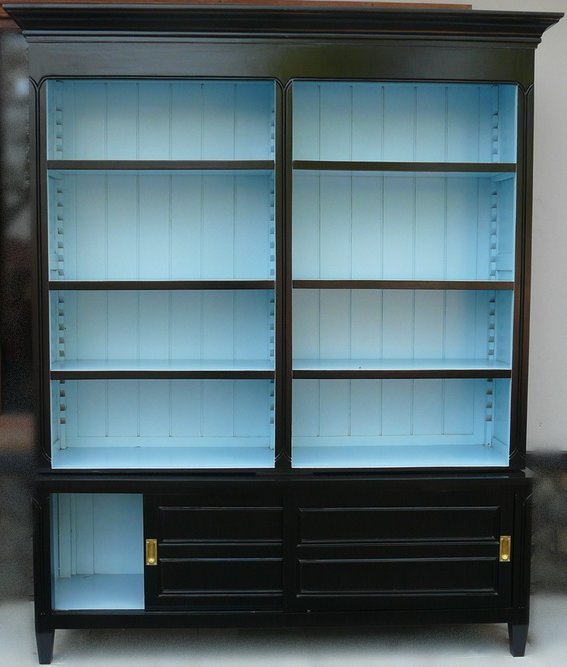Boston Bookcase with Sliding Doors Black with Blue Interior