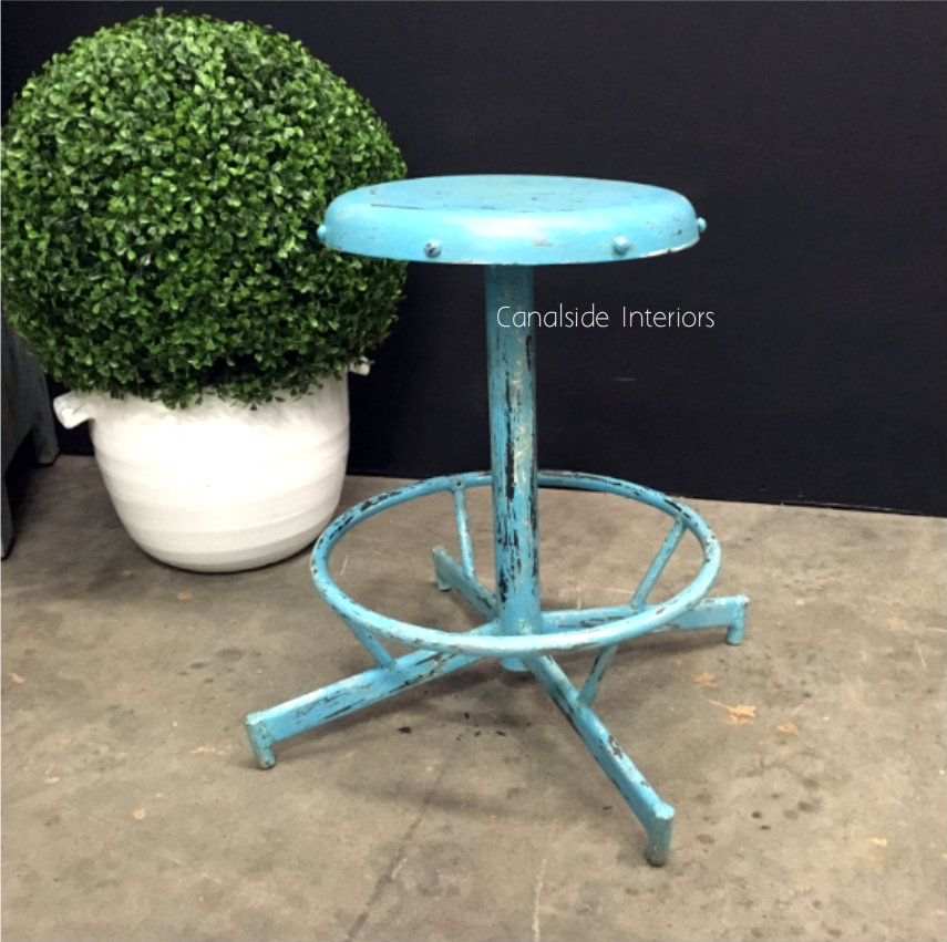 Bubblegum Industrial Low Stool Distressed Aqua Clearance Sale