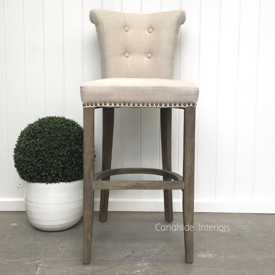 Buttoned Bar Stool, Montague Upholstered Buttoned Bar Stool Weathered Oak Canalside