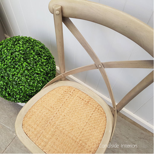 Hamptons-inspired greywash Cross Back Chair, a classical feature for a chic bedroom setting - Canalside Interiors