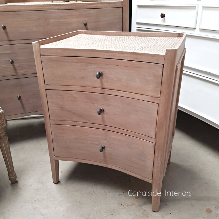 Tweed Hill Rattan Concave Bedside Weathered Oak w Rattan  BEDROOM, TABLES Side Tables, LIVING Coffee & Side Tables, BEDROOM Bedsides, PLANTATION STYLE