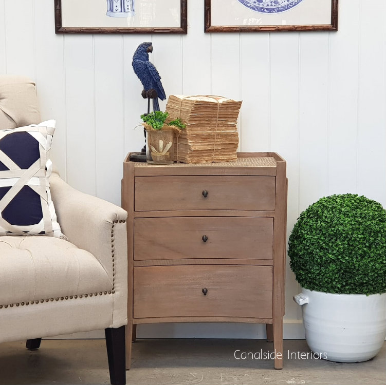 Tweed Hill Rattan Concave Bedside Weathered Oak w Rattan  BEDROOM, TABLES Side Tables, LIVING Coffee & Side Tables, BEDROOM Bedsides, PLANTATION STYLE