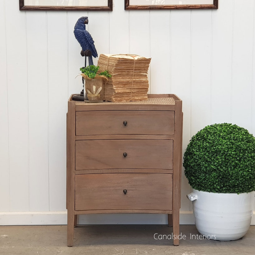Tweed Hill Rattan Concave Bedside Weathered Oak w Rattan  BEDROOM, TABLES Side Tables, LIVING Coffee & Side Tables, BEDROOM Bedsides, PLANTATION STYLE