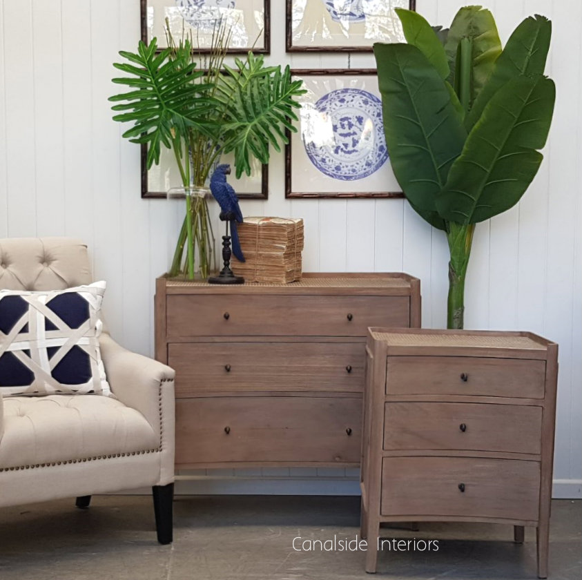 Tweed Hill Rattan Concave Bedside Weathered Oak w Rattan  BEDROOM, TABLES Side Tables, LIVING Coffee & Side Tables, BEDROOM Bedsides, PLANTATION STYLE