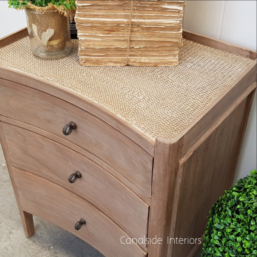 Tweed Hill Rattan Concave Bedside Weathered Oak w Rattan  BEDROOM, TABLES Side Tables, LIVING Coffee & Side Tables, BEDROOM Bedsides, PLANTATION STYLE