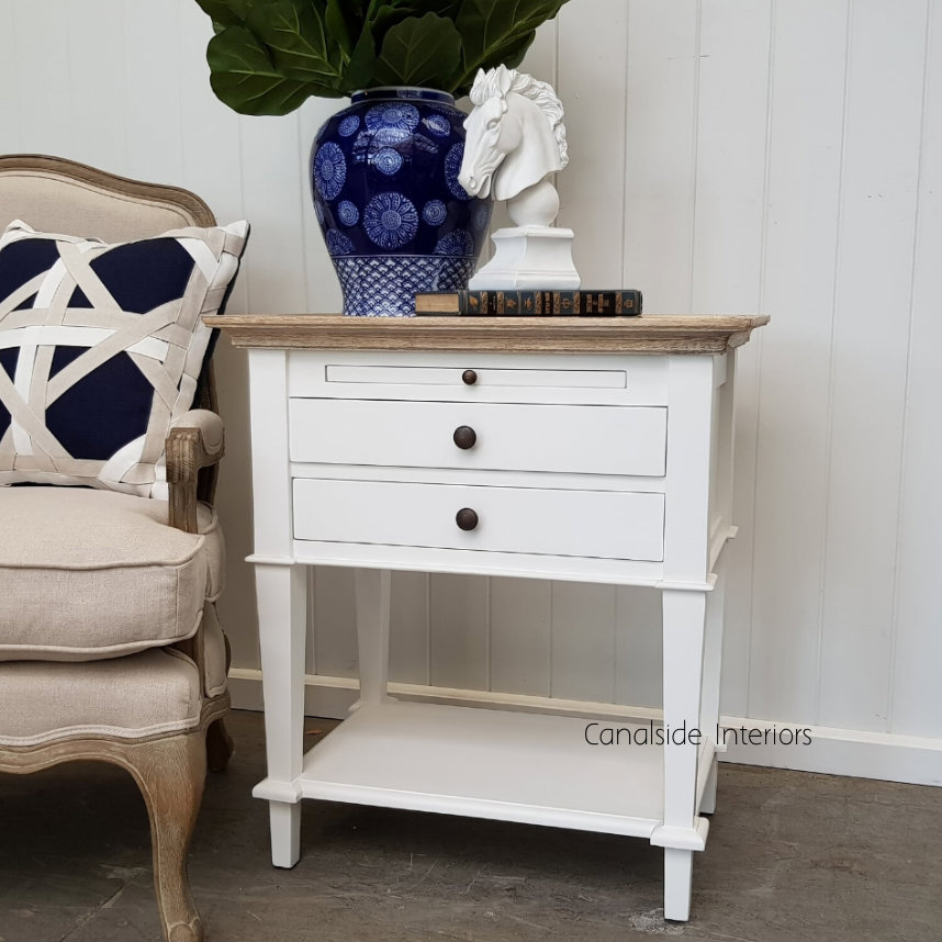 Butler Side Table Bedside White With Limewash Top Canalside Interiors