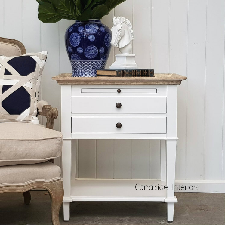 Butler Side Table Bedside White With Limewash Top Canalside Interiors