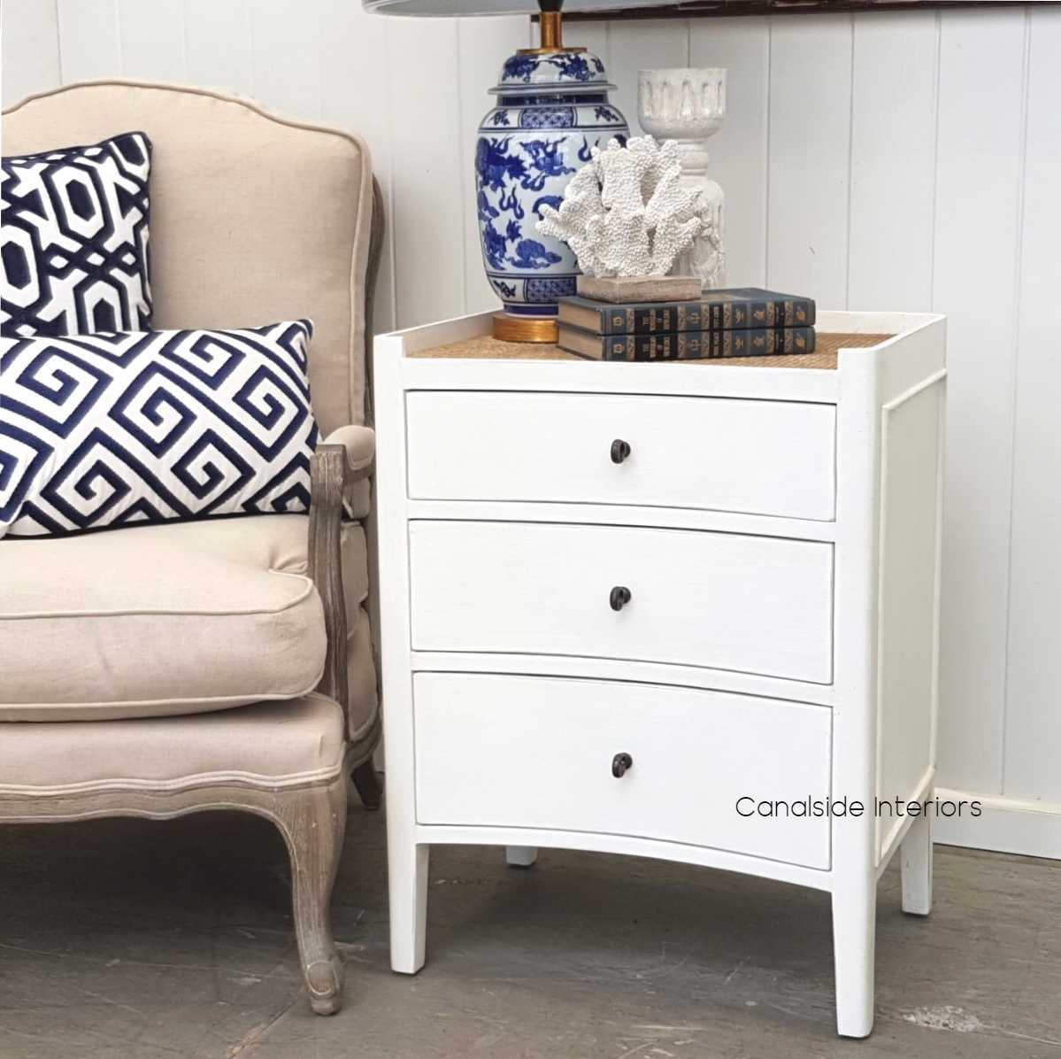 Tweed Hill Rattan Concave Bedside Distressed White  BEDROOM, TABLES, HAMPTONS Style, PLANTATION Style, TABLES Side Tables, LIVING Coffee & Side Tables, BEDROOM Bedsides, PLANTATION STYLE