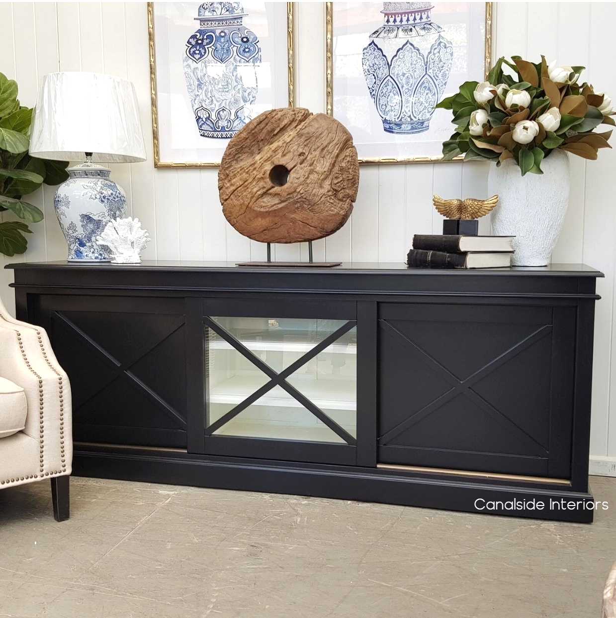 Belmont Hamptons Sliding Door TV Sideboard Black with White Interior