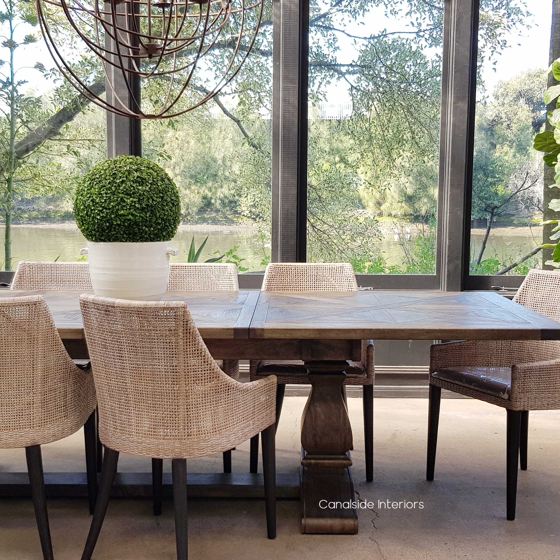 Front view of the Bridgehampton Parquetry Extendable Dining Table, reflecting the modern, yet timeless nature of Hamptons style 