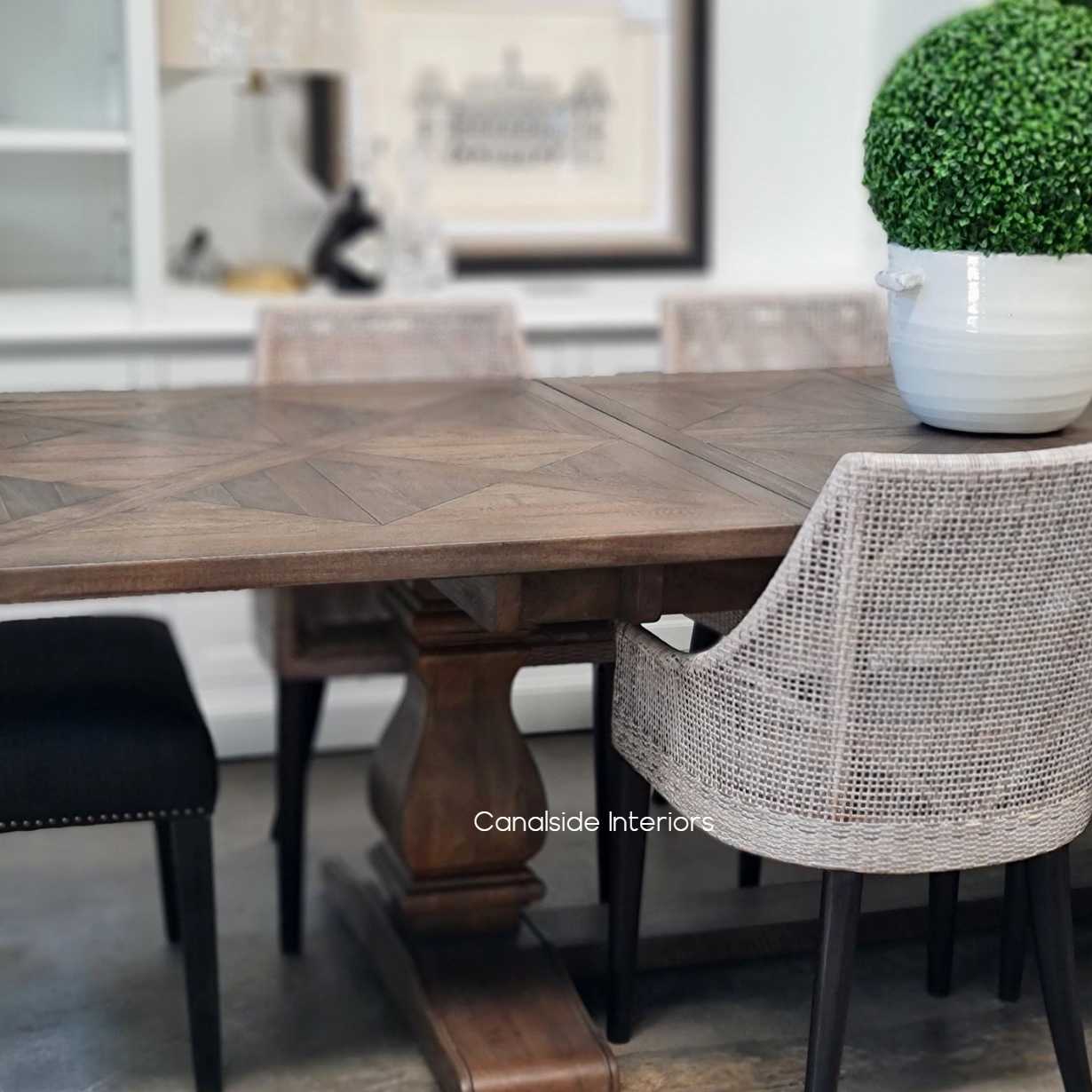 Canalside Interiors presents the Bridgehampton Parquetry Table, a marriage of classic Hamptons style and modern dining room necessity