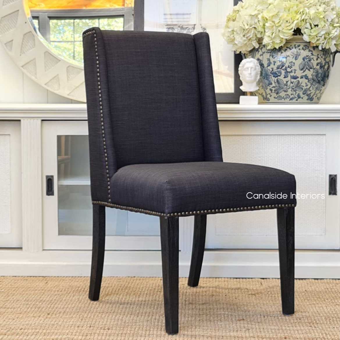 Leclerc Dining Chair Black charcoal upholstery black legs base, CHAIRS, HAMPTONS Style, PLANTATION Style, CHAIRS Dining, kitchen, dining room, winged