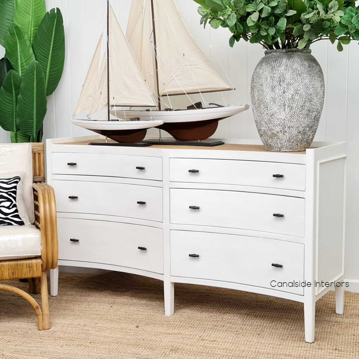 Tweed Hill Rattan Grande Concave Chest Distressed White  BEDROOM, BEDROOM Chests & Commodes, STORAGE, STORAGE Sideboards & Buffets, PLANTATION STYLE, 6 Drawer, Hamptons, Drawers
