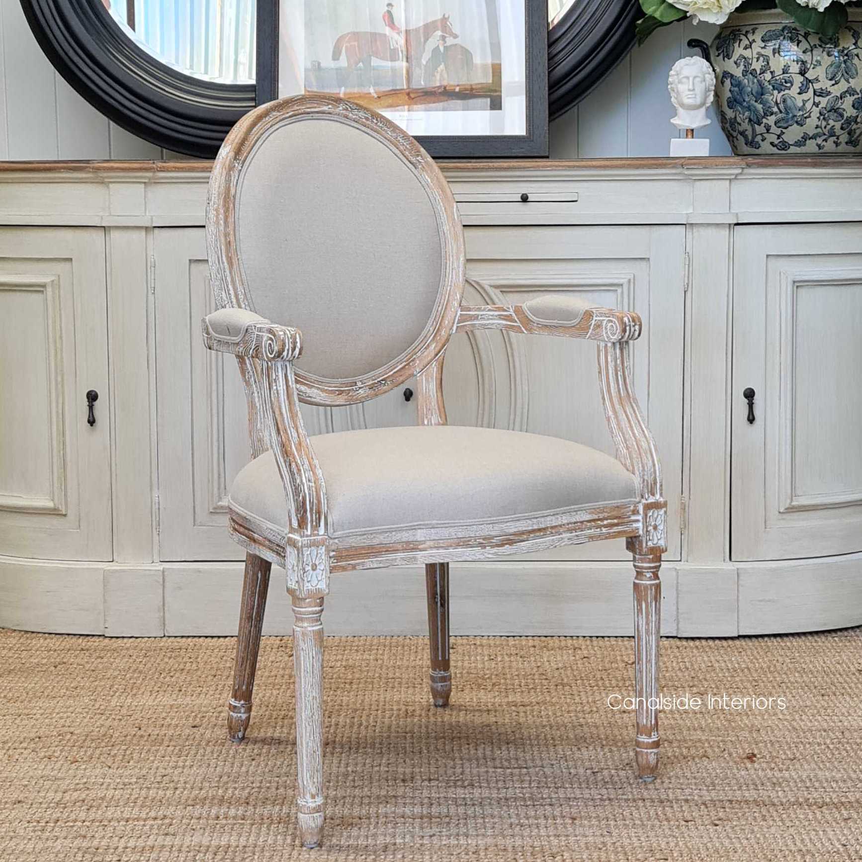 Sansa Carver Chair with arms Distressed Limewash Oak with cream linen upholstery  FRENCH  FURNITURE, CHAIRS, HAMPTONS Style, PLANTATION Style, CHAIRS Dining, dining room, kitchen, kitchen chairs, balloon back, louis