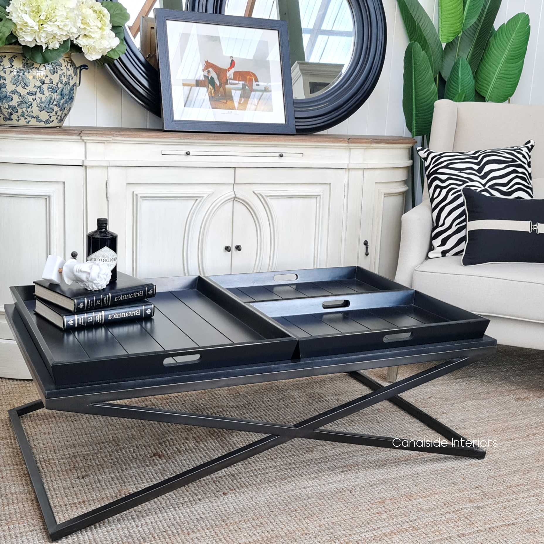 Baxter Rectangular Coffee Table with 3 Removable Butler Trays Distressed Black Charcoal, Coffee Tables, Hamptons, Living Room, Lounge Room, Family Room, Criss Cross, Cross Leg, Livingroom, Loungeroom, Family room, familyroom