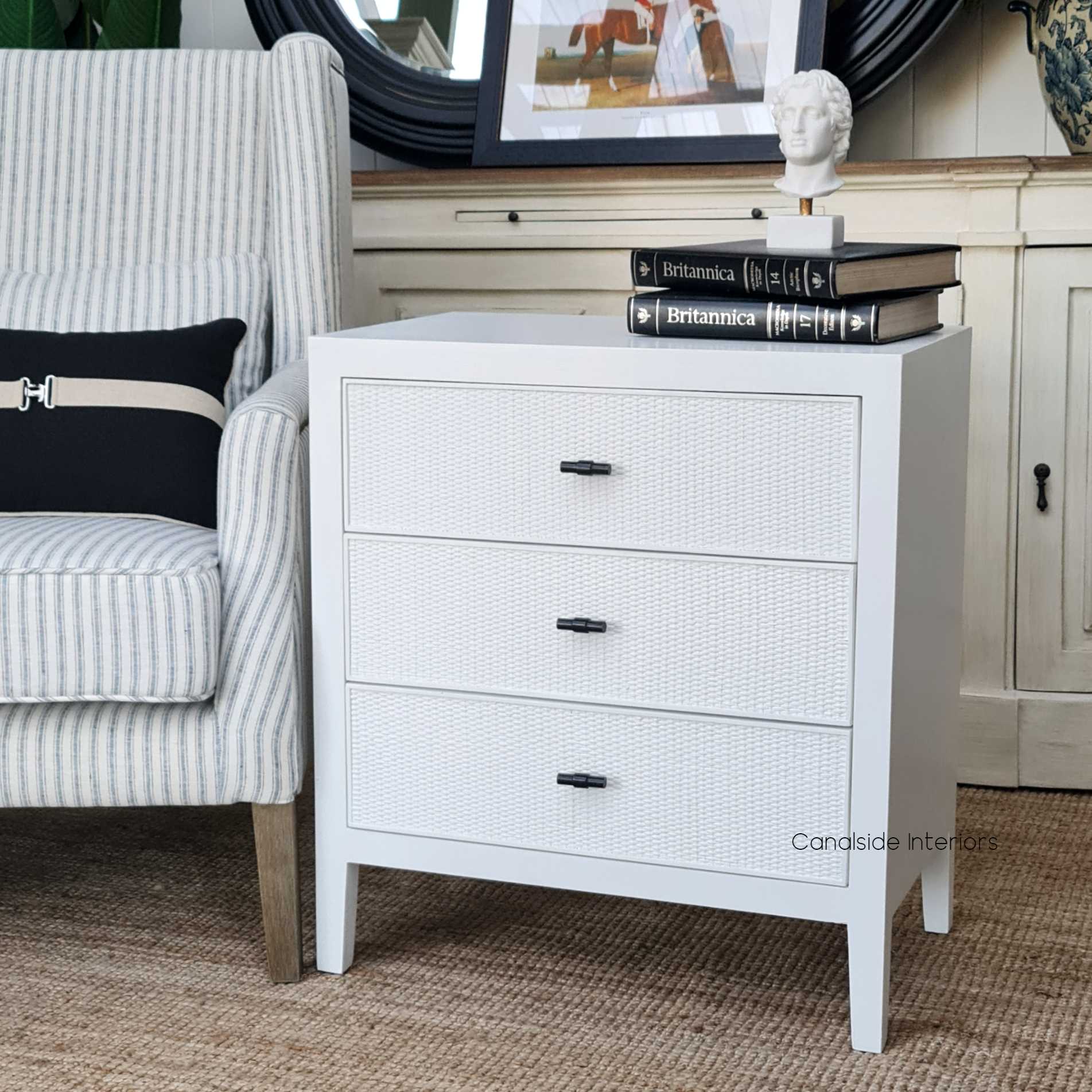 Claremont Rattan 3 Drawer Bedside Side Table  White  BEDROOM, HAMPTONS Style, PLANTATION Style, TABLES Side Tables, LIVING Side Tables, BEDROOM Bedsides, nightstand