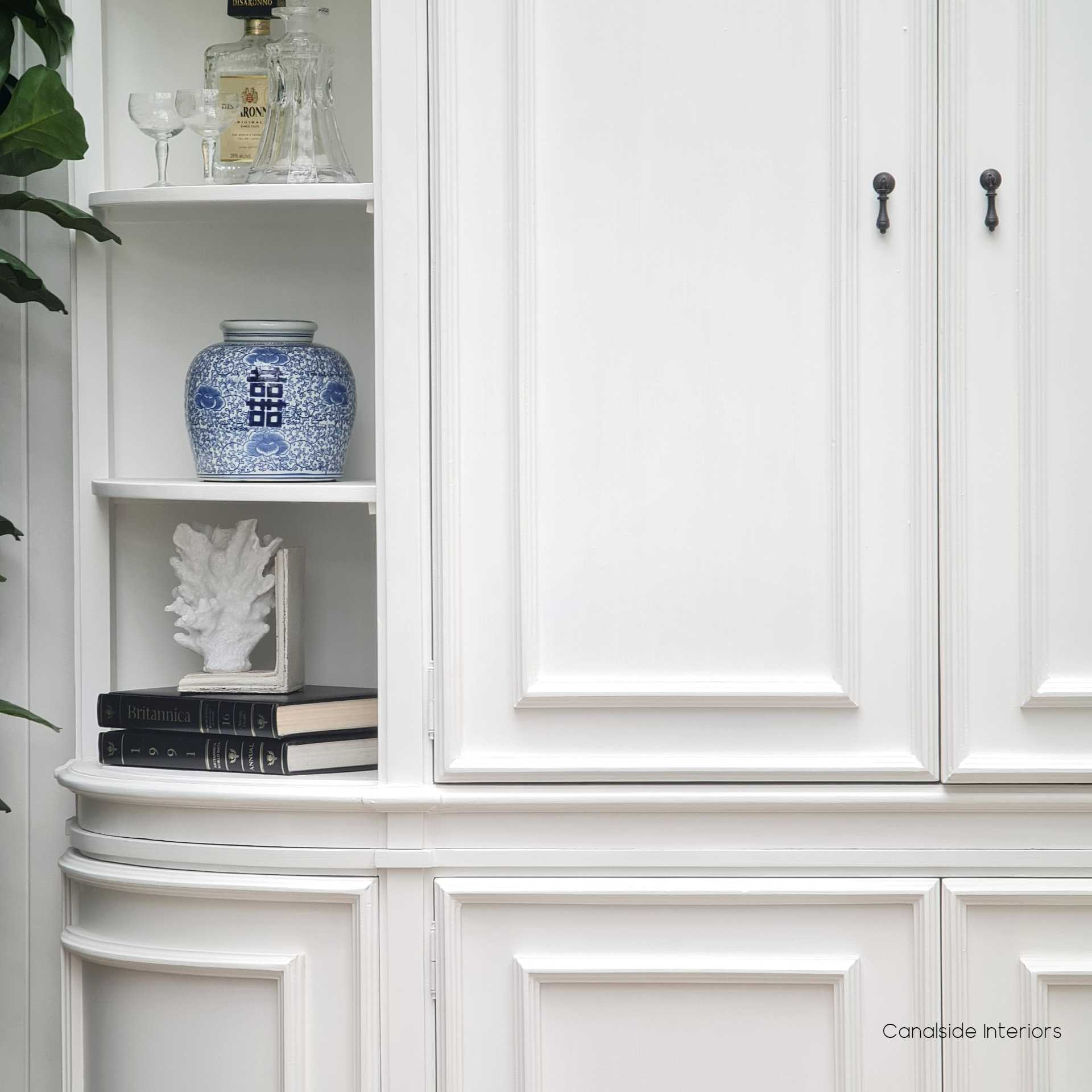 Detail of the open shelving on the Francia Unit, perfect for showcasing decor in a coastal-inspired lounge room