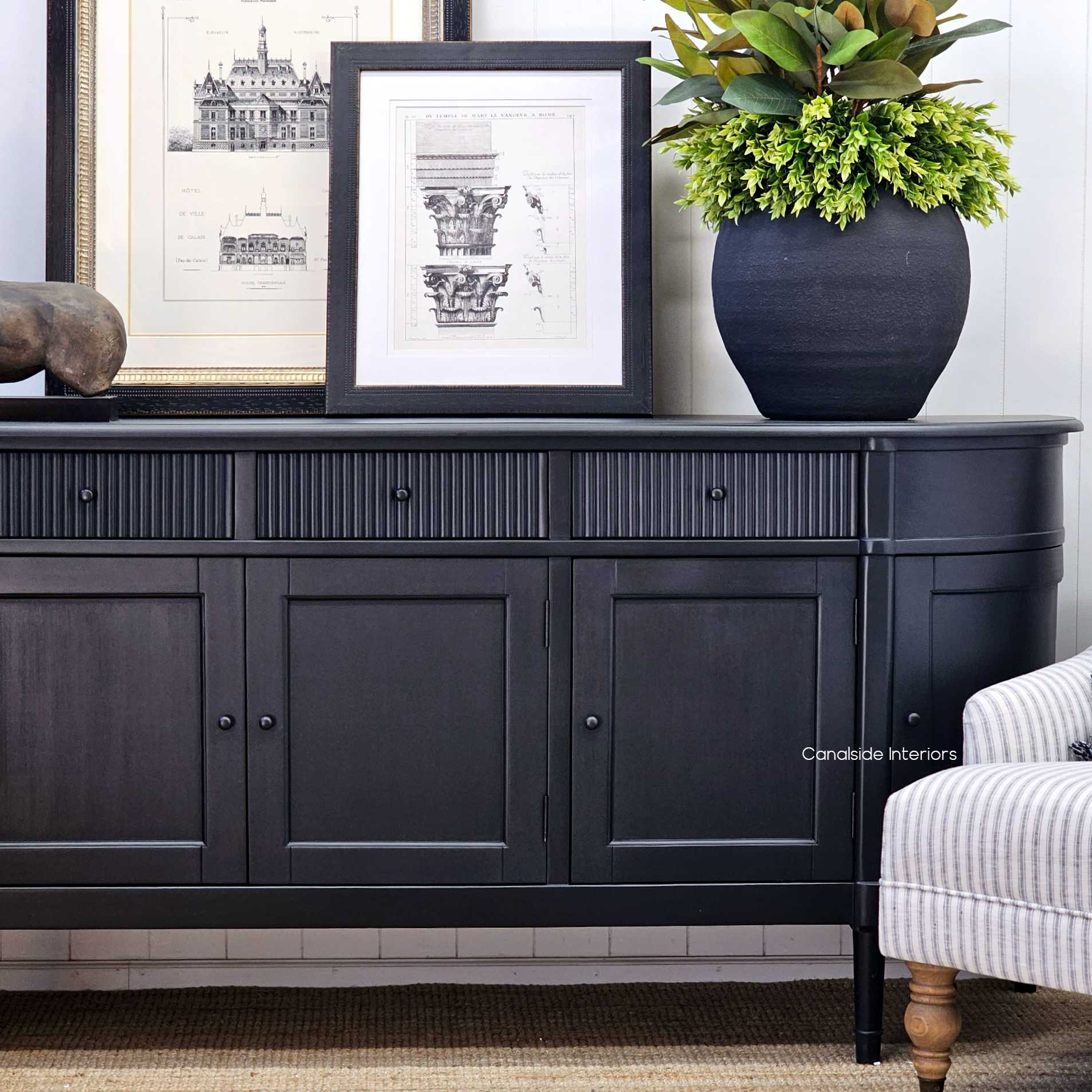 French Louis Buffet Distressed Black FRENCH  FURNITURE, HAMPTONS Style, PLANTATION Style, LIVING TV Media & Storage, TABLES Sideboards & Buffets, STORAGE, STORAGE Sideboards & Buffets, French Louis Buffet Grande Large