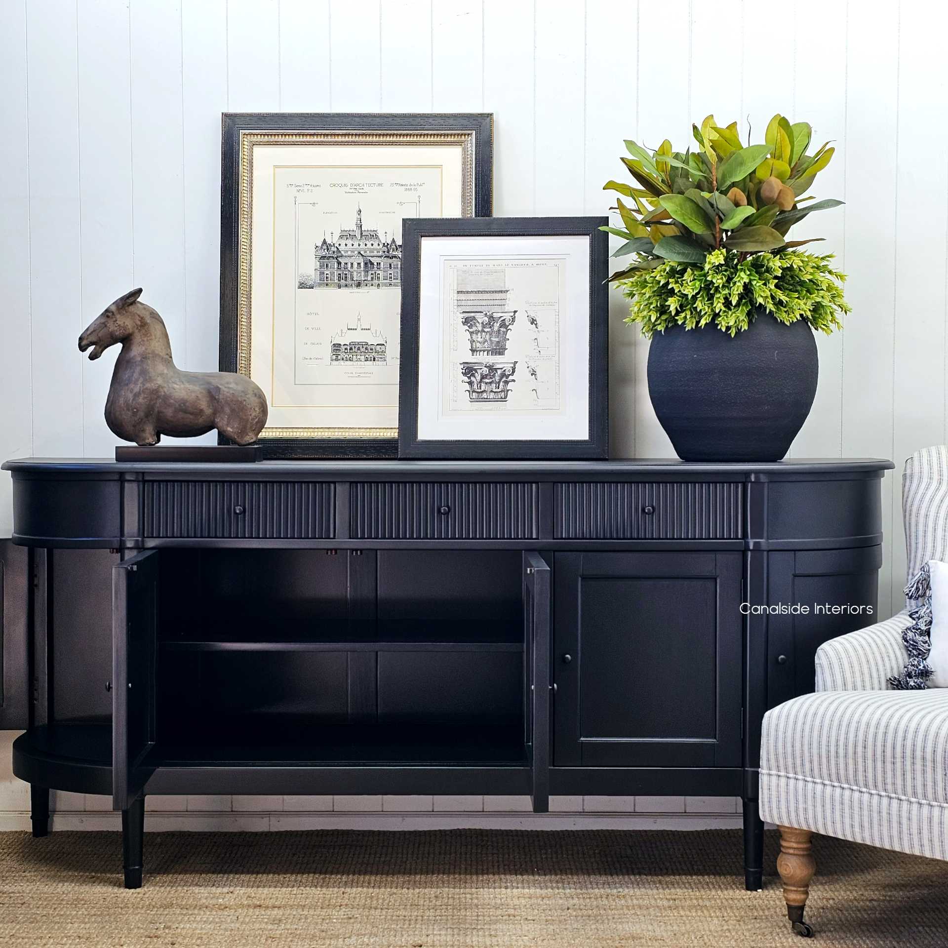 Angled view of the French Louis Buffet Grande Louis, a space-saving yet grand addition to any Sydney coastal home, by Canalside Interiors.
