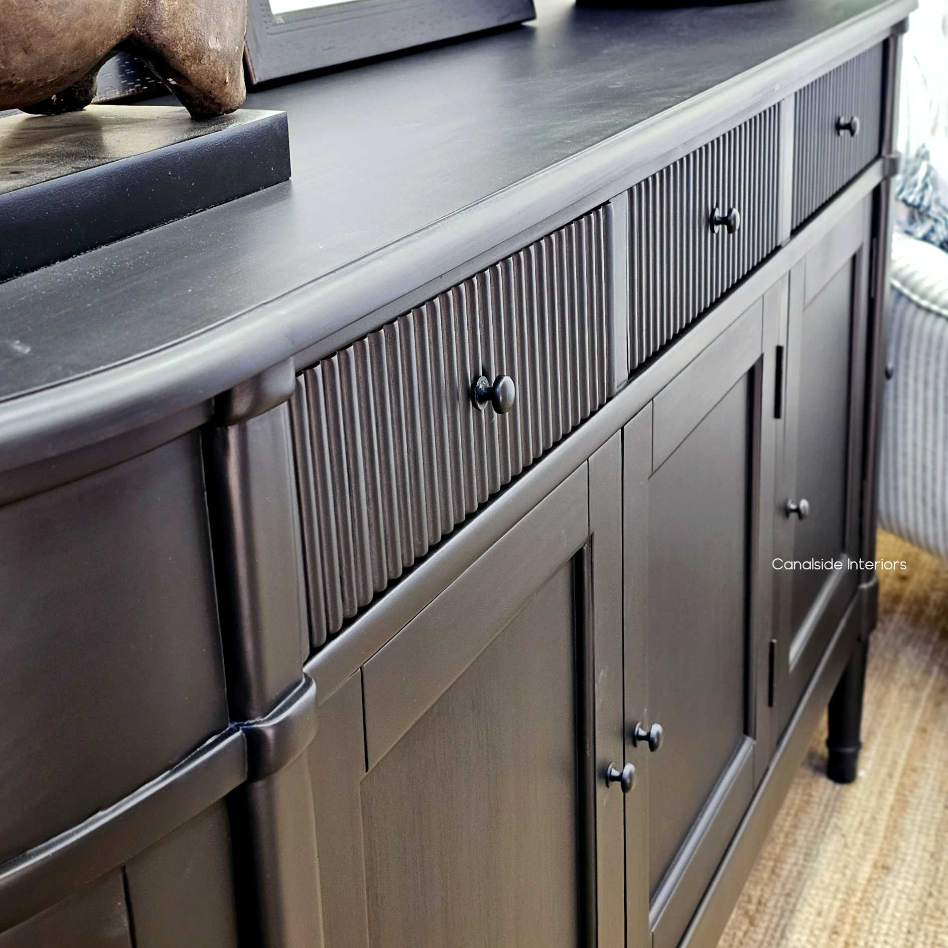 Close-up of the fluted timber drawers on the French Louis Buffet Grande, exemplifying the classical, hand-painted craftsmanship 
