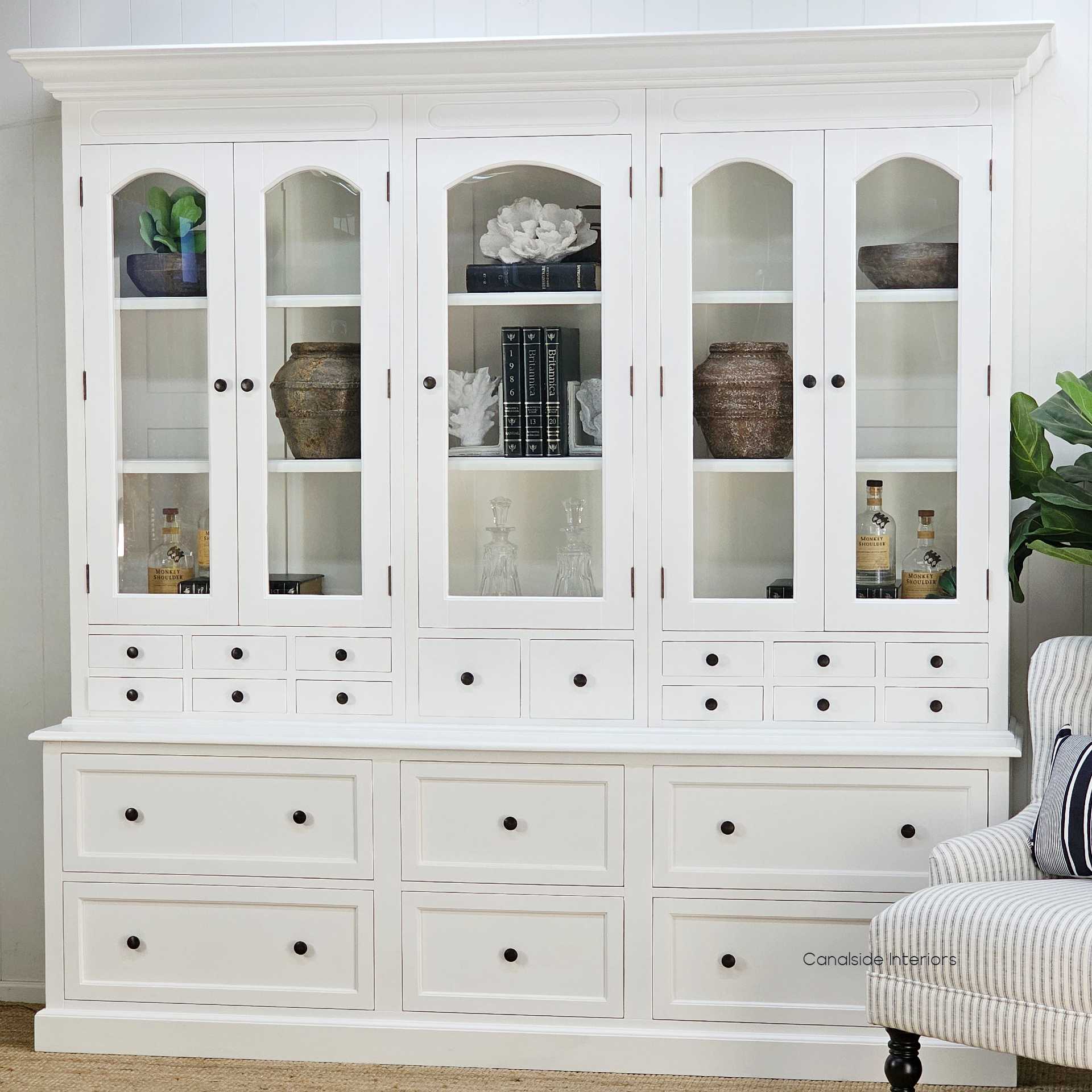 angle from the right showcasing depth and dimension of the drawers and hutch.